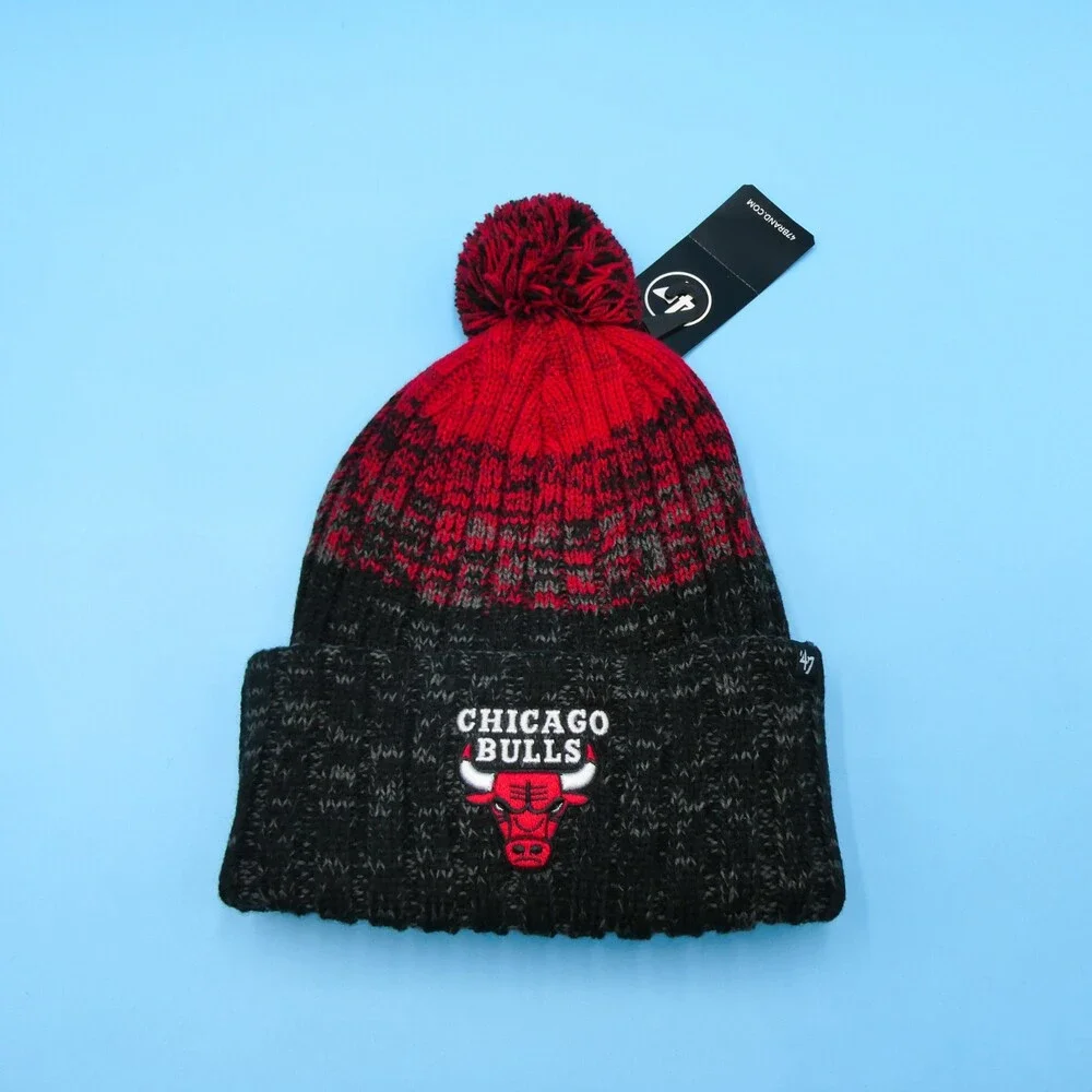 '47 Brand Chicago Bulls Winter Hat Mens Black Red Knit Acrylic Beanie NBA‎ Pom